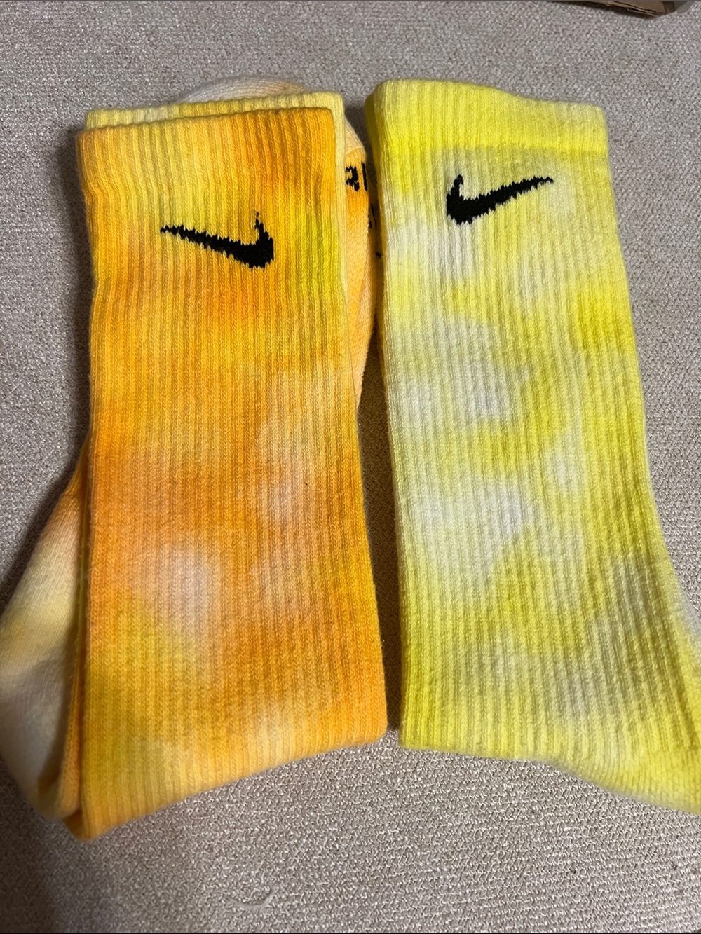 Nike Cotton Dri-Fit Yellow and Orange Tie-Dye Crew Socks w/Black Swoosh BOTH !